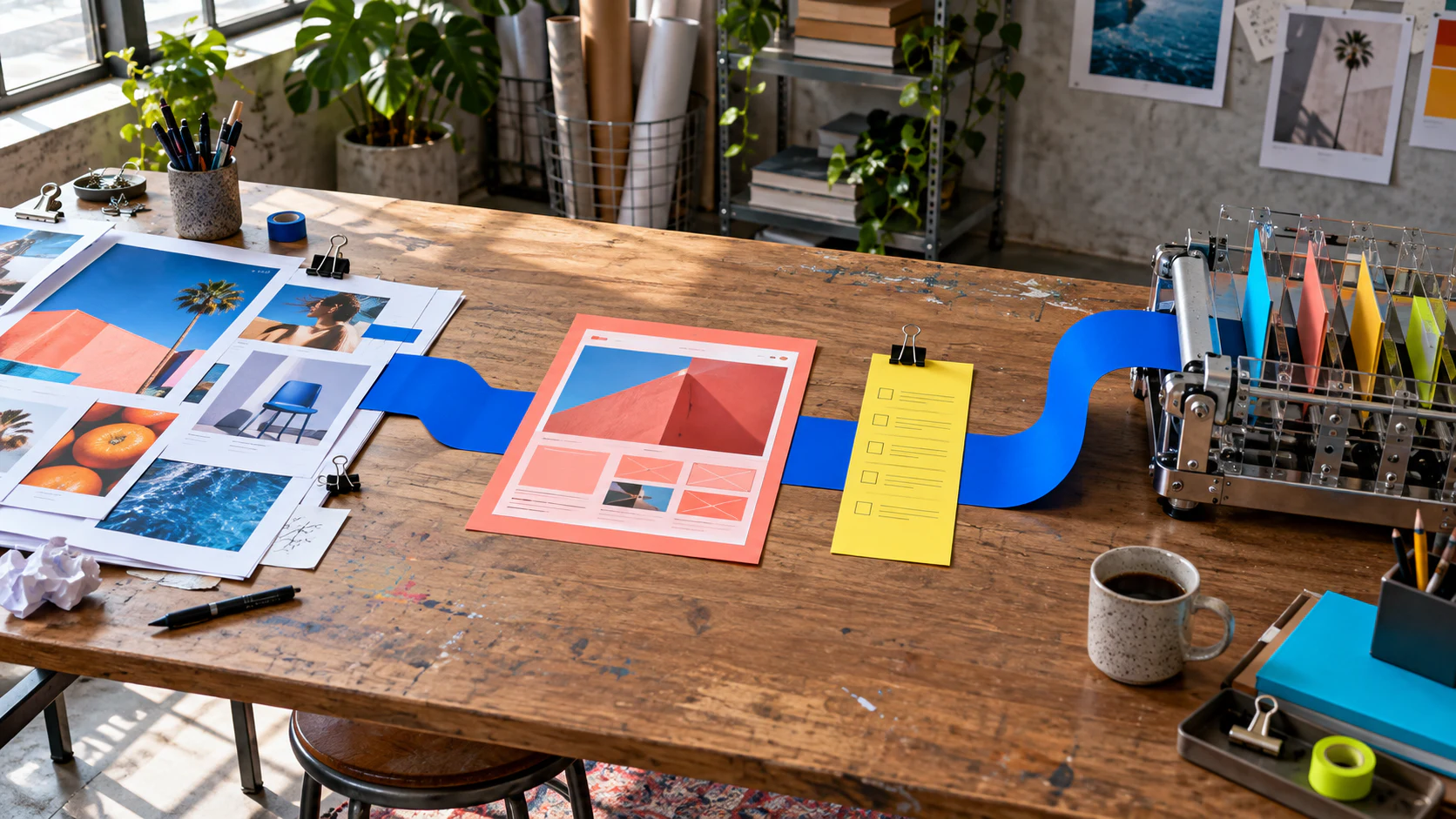 A studio worktable connects campaign proofs to a website prototype, intake sheet and physical routing assembly.