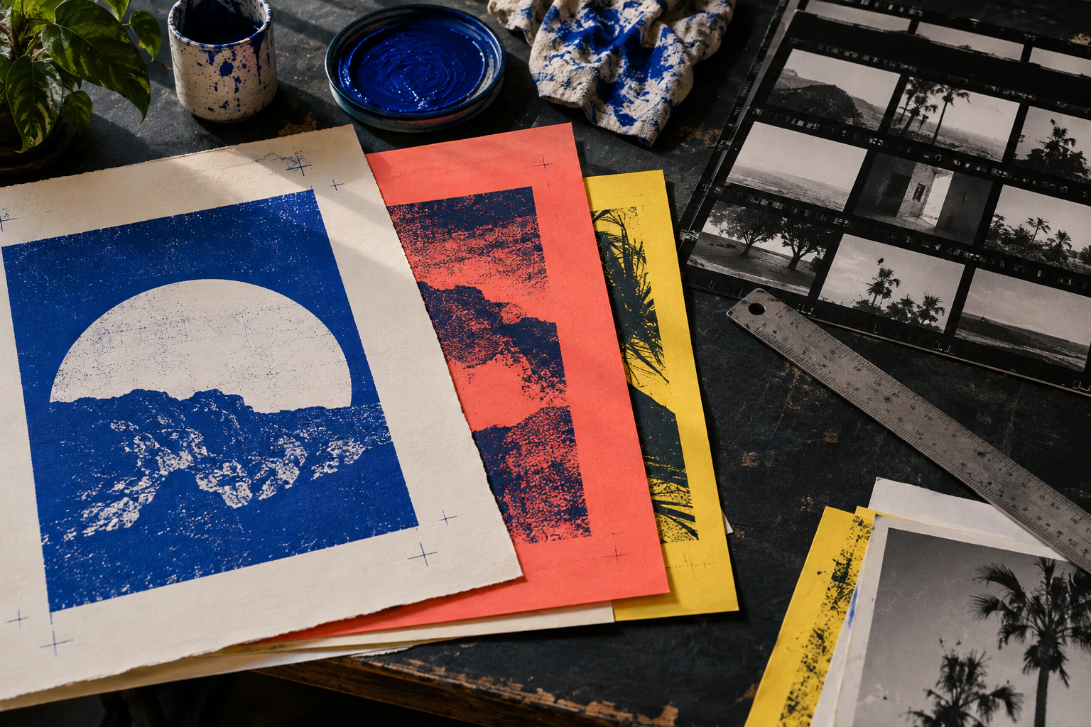 Screen-printed campaign proofs, photographic contact sheets and cobalt ink on a dark studio table.