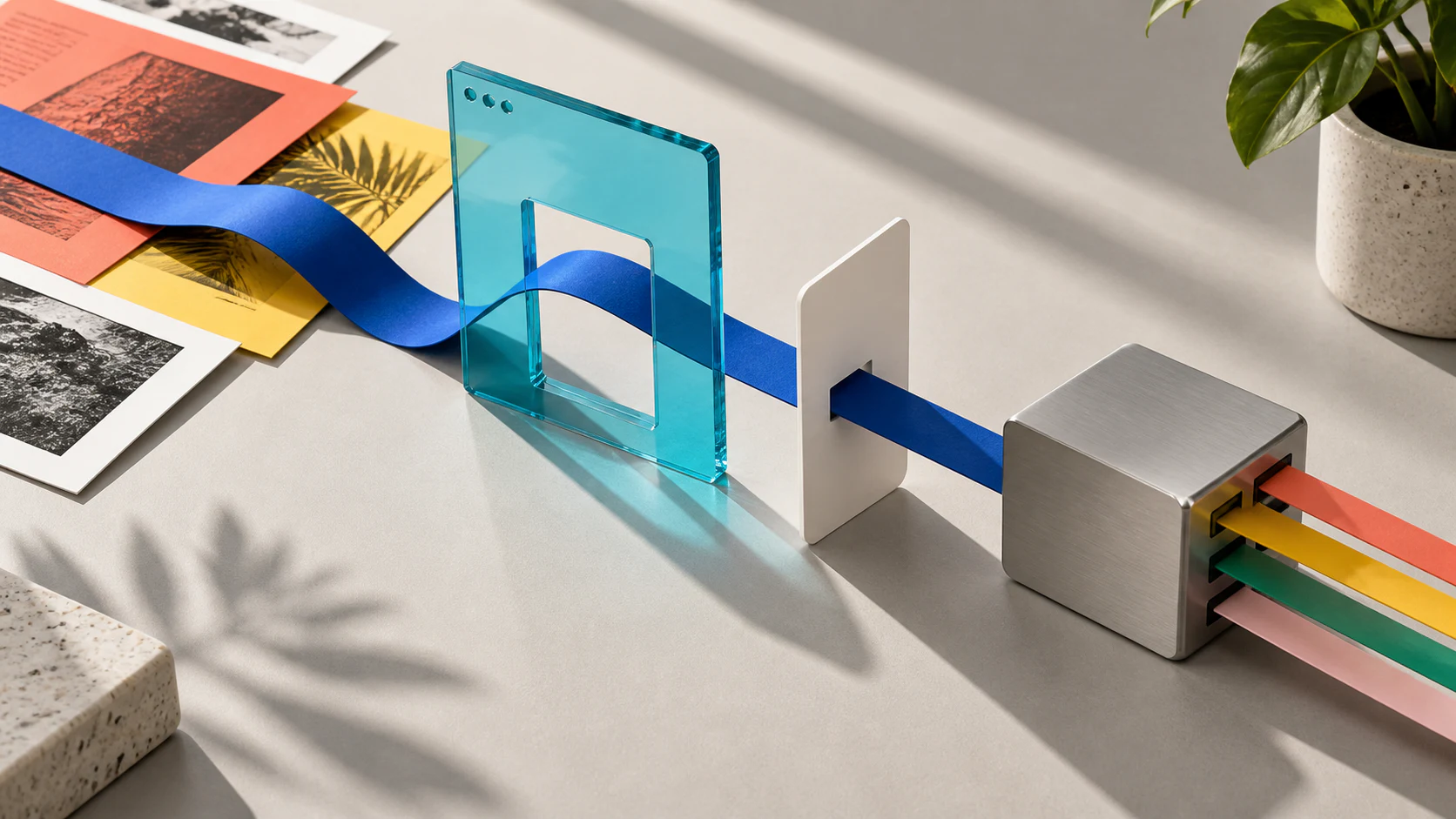 A continuous cobalt path connects campaign proofs, a translucent experience frame and a metal routing block.
