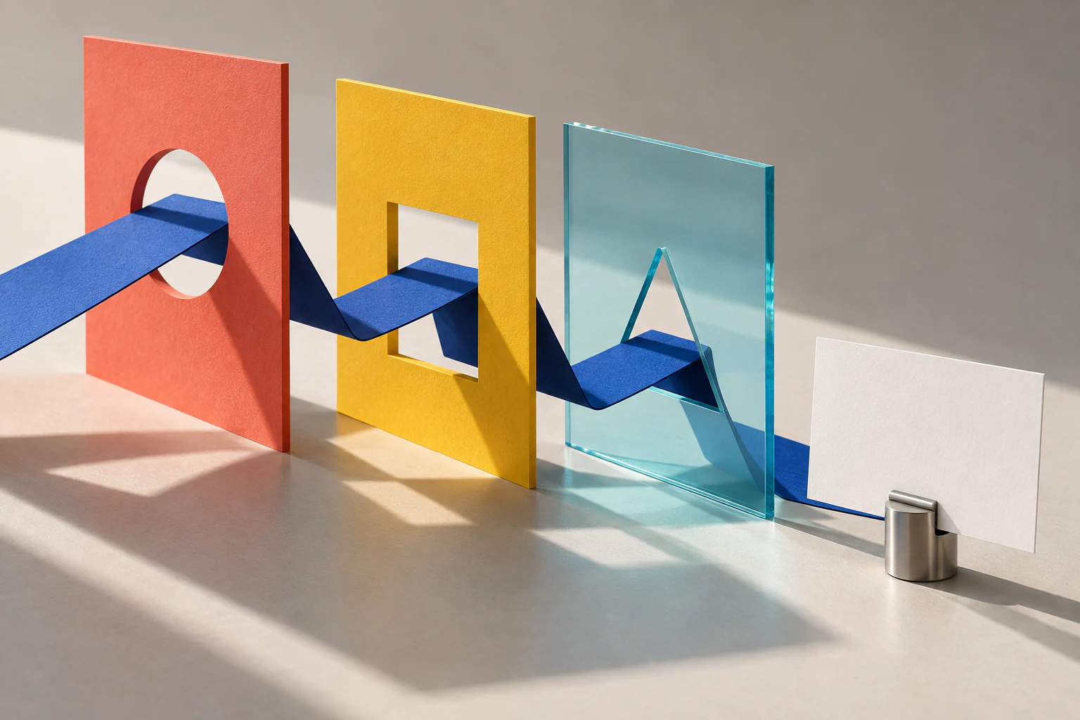 A cobalt paper journey passing through coral, yellow and translucent cyan apertures to one response card.