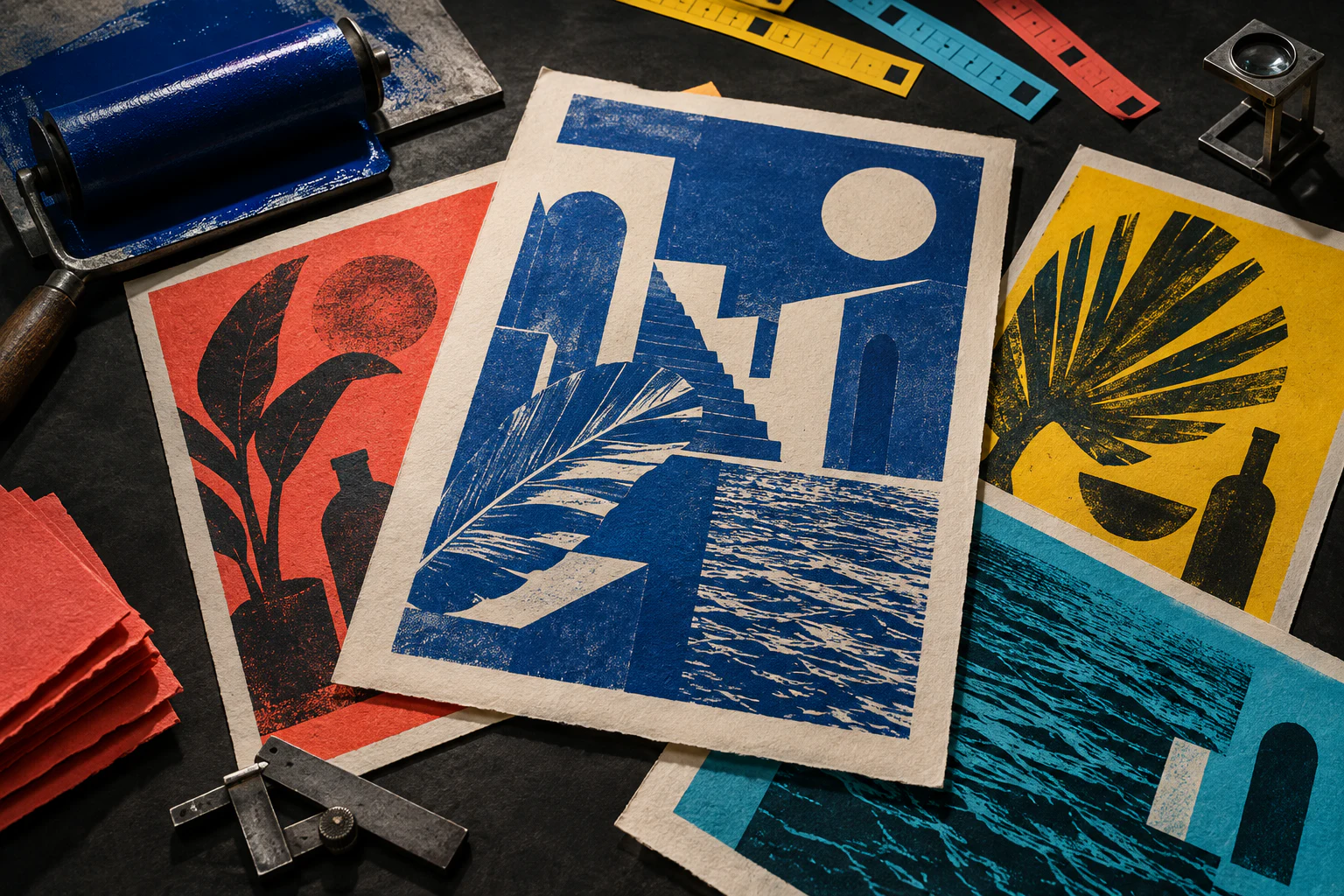 Vivid printed campaign proofs, photographic contact sheets and cobalt ink tools on a dark studio table.