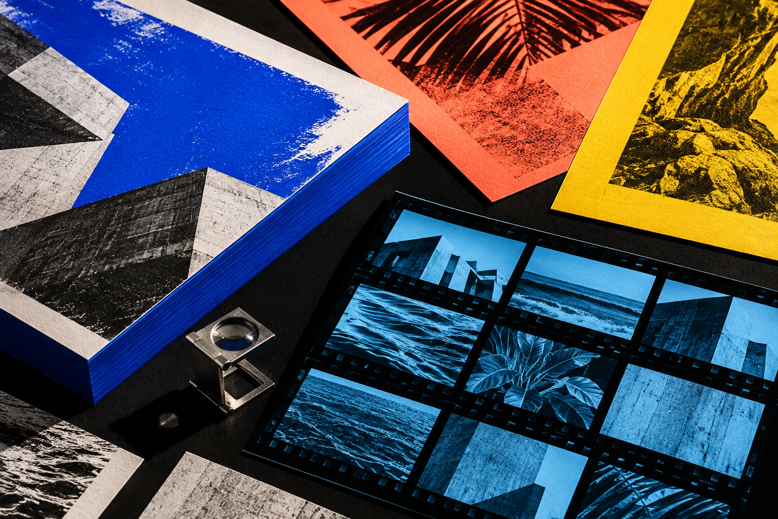 Vivid poster proofs, photographic contact sheets and a metal registration tool on a dark studio surface.